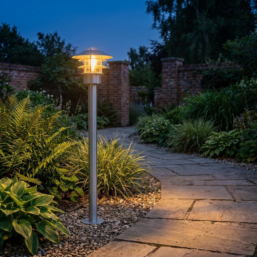 A silver bollard lantern illuminates a curved garden path at night, surrounded by lush green foliage.