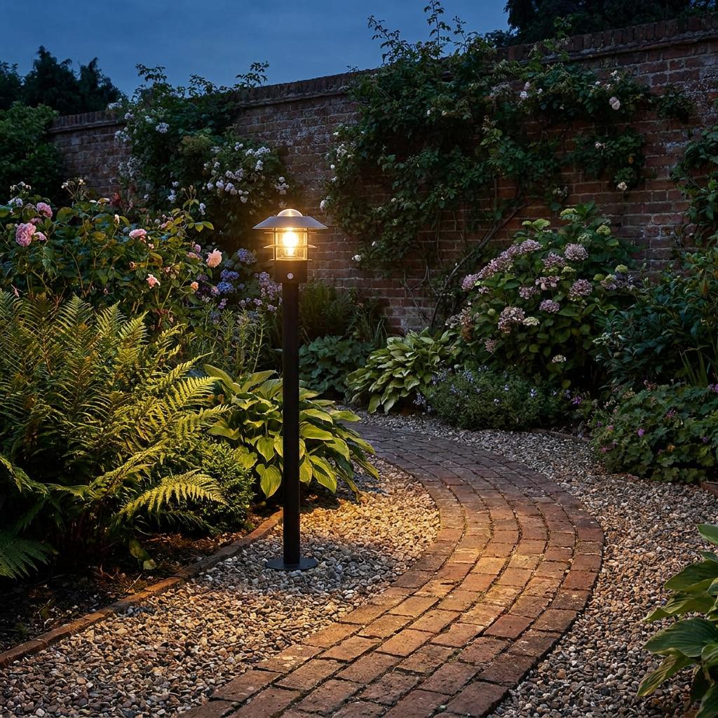 A black Helsingor outdoor bollard lantern illuminates a brick garden path and lush foliage with a warm glow.