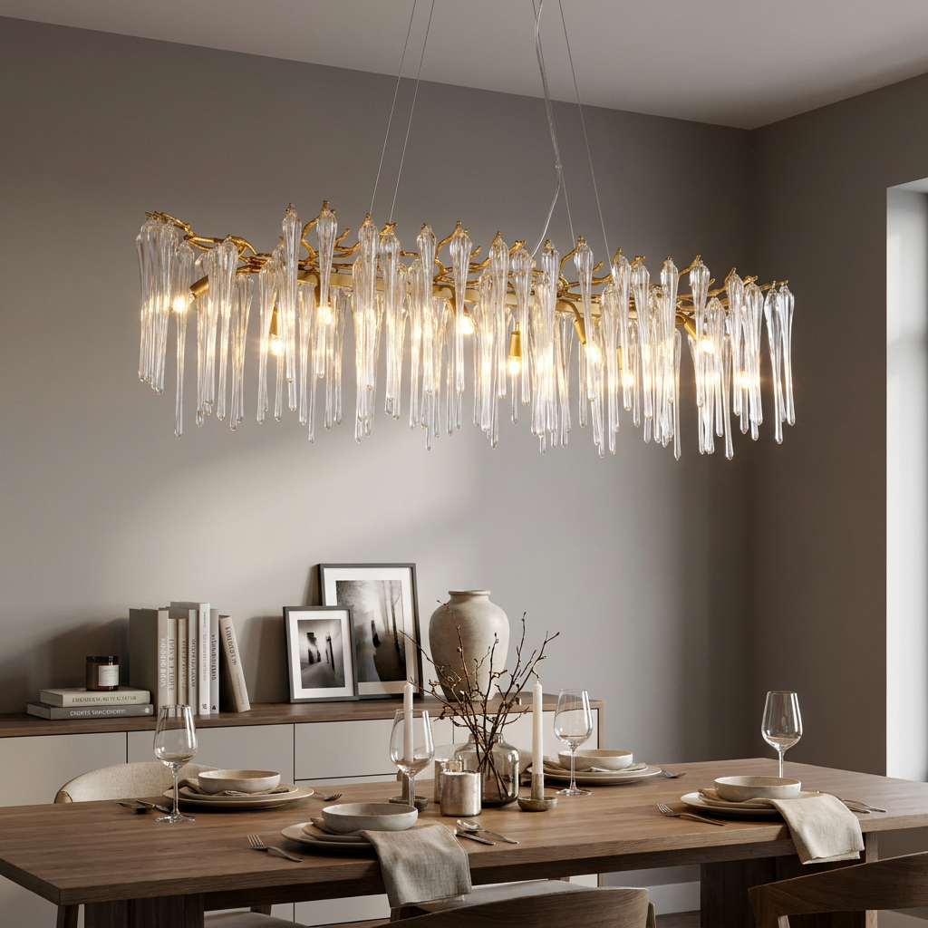 An oval chandelier with gold branches and long clear glass droplets hanging over a minimalist wooden dining table.