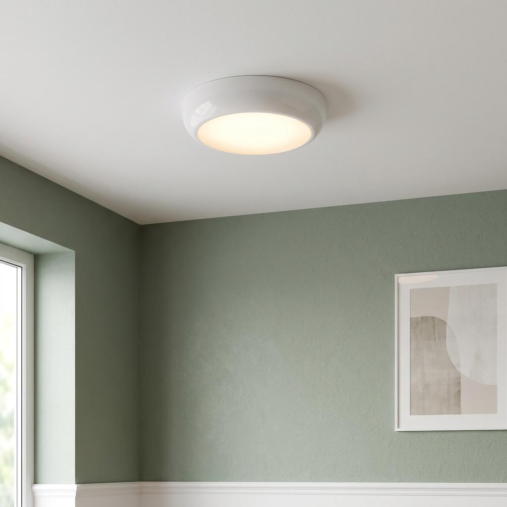 Round white flush-mounted LED light glowing on a white ceiling in a room with sage green walls.