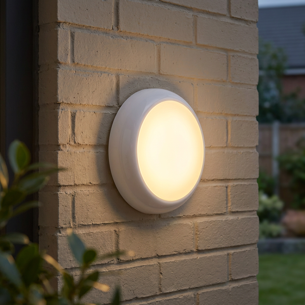Round white HeroPro Mini LED bulkhead light glowing on an outdoor brick wall.