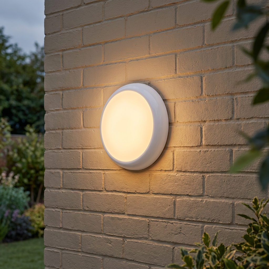 Round white LED bulkhead light emitting a warm glow on an exterior light-colored brick wall.