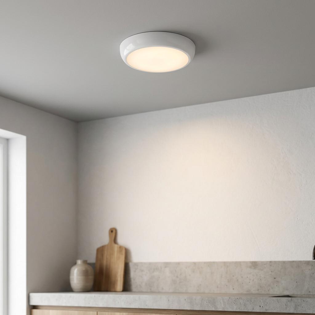White circular flush-mount LED bulkhead light glowing on a grey ceiling above a kitchen counter.