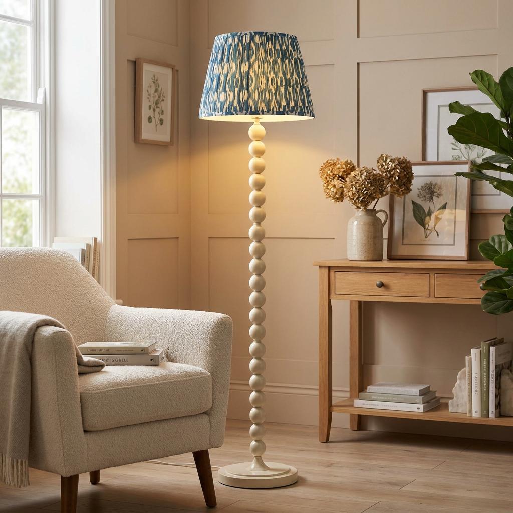 A lit Higgledy almond white bobbin floor lamp with a blue ikat shade in a cozy living room setting.