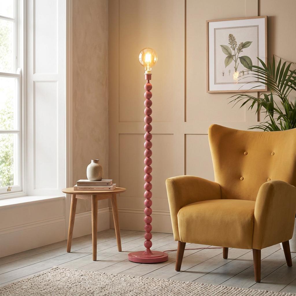 A gloss pink floor lamp with a beaded stem and lit bulb stands next to a yellow armchair in a cozy living room.