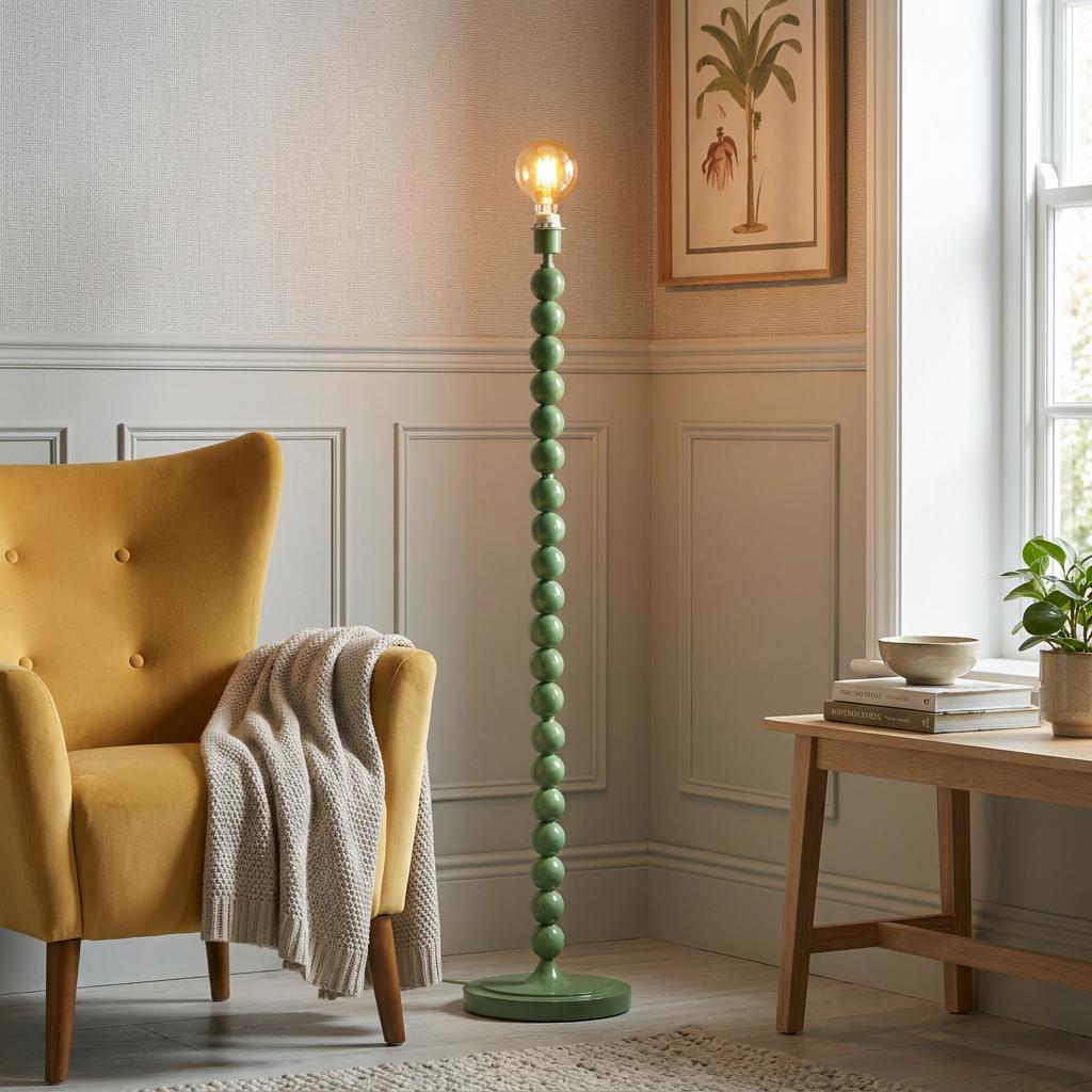 Higgledy Green Floor Lamp Base with a stacked sphere design and glowing bulb next to a yellow velvet armchair.