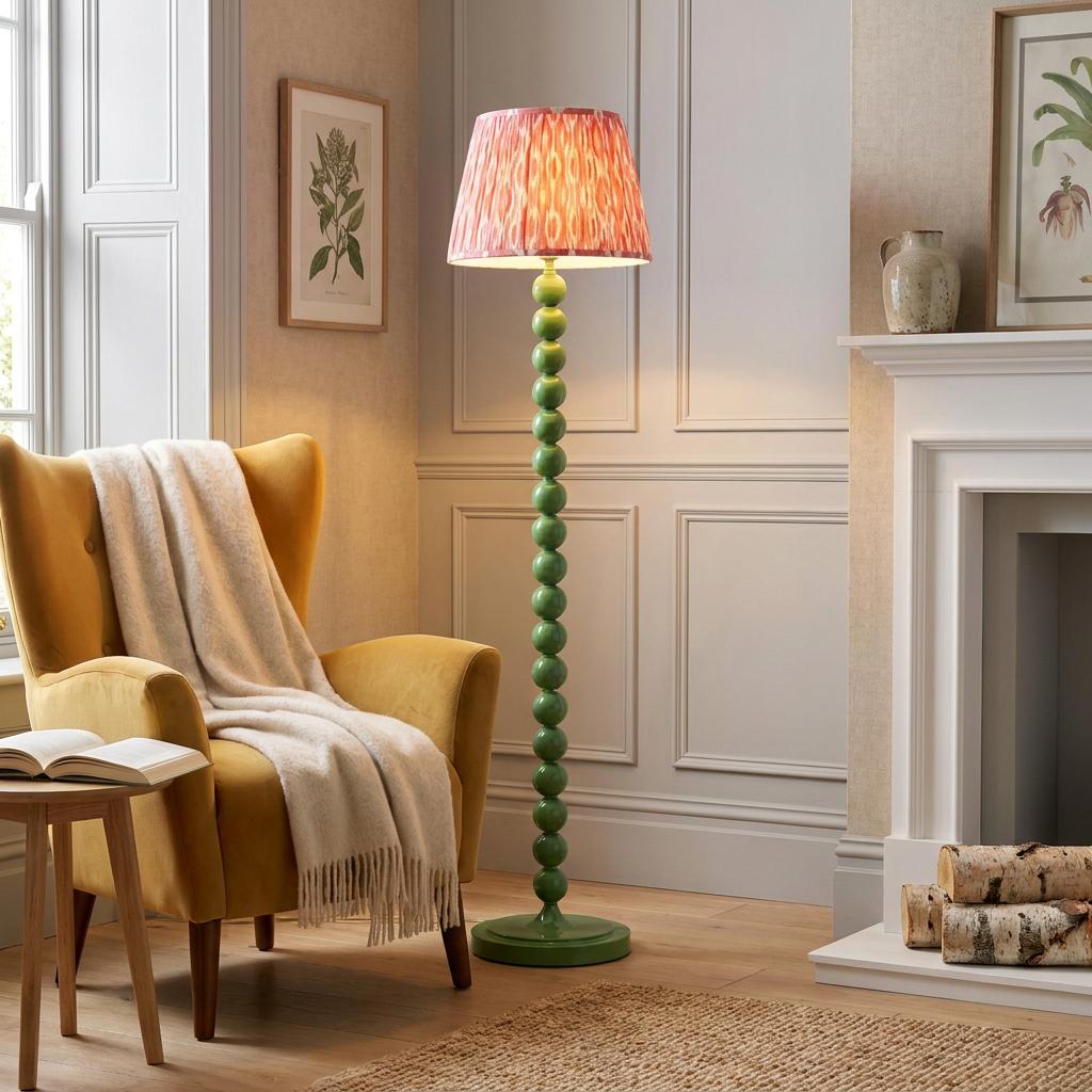 Higgledy green bobbin floor lamp with a coral pink ikat shade in a cozy living room next to a yellow armchair.