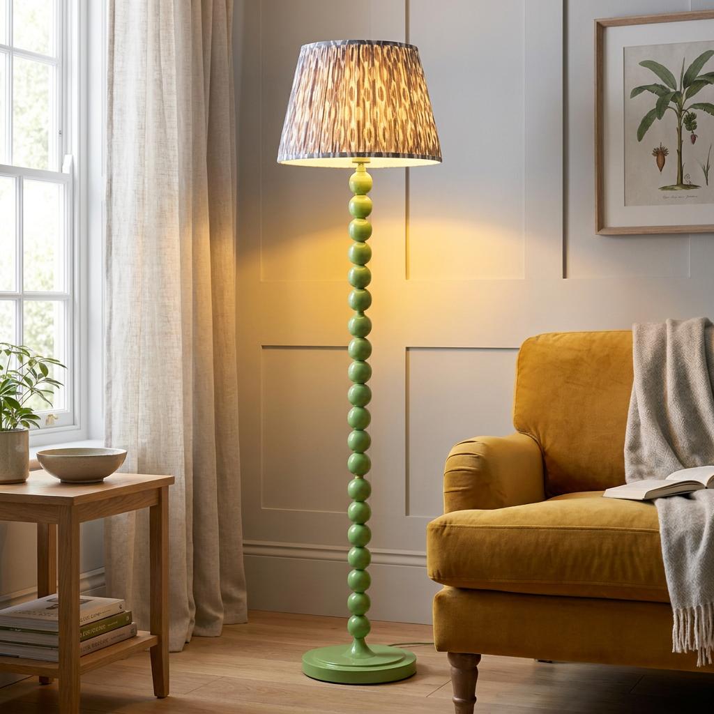Higgledy green bobbin floor lamp with a pleated ikat shade standing next to a yellow velvet armchair.