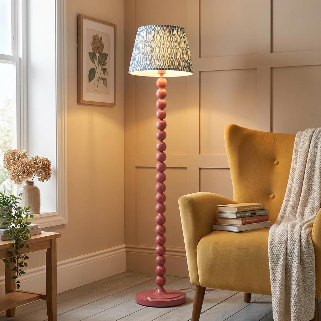 A pink bobbin floor lamp with a blue ripple shade stands beside a yellow velvet armchair in a warm living room.