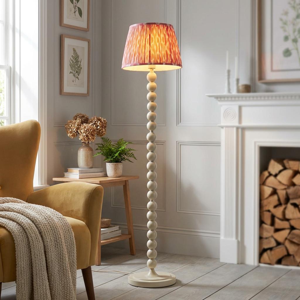 Higgledy white bobble floor lamp with coral pink ikat shade in a cozy living room next to a yellow armchair.