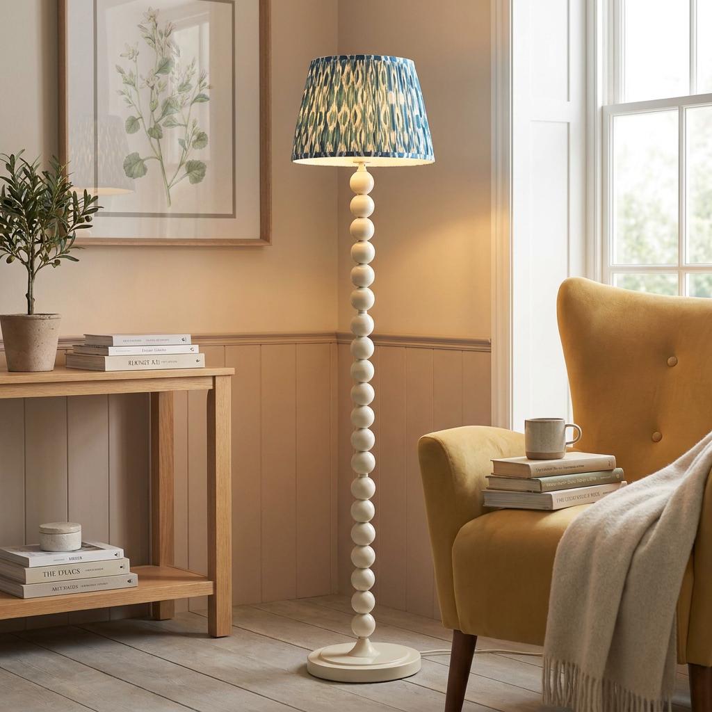 White bobbin floor lamp with a blue ikat shade positioned beside a yellow armchair in a cozy interior setting.