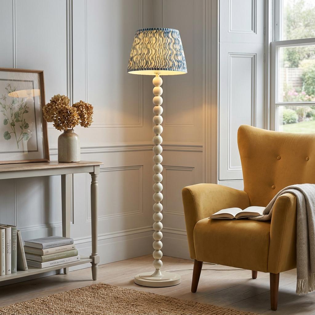 White bobbin floor lamp with a blue patterned shade next to a yellow armchair in a cozy living room.