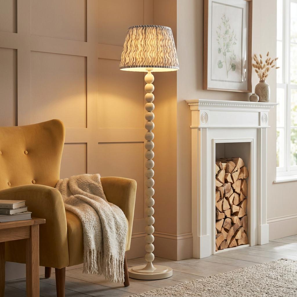 Higgledy white floor lamp with a grey ripple shade stands next to a yellow armchair and a fireplace.