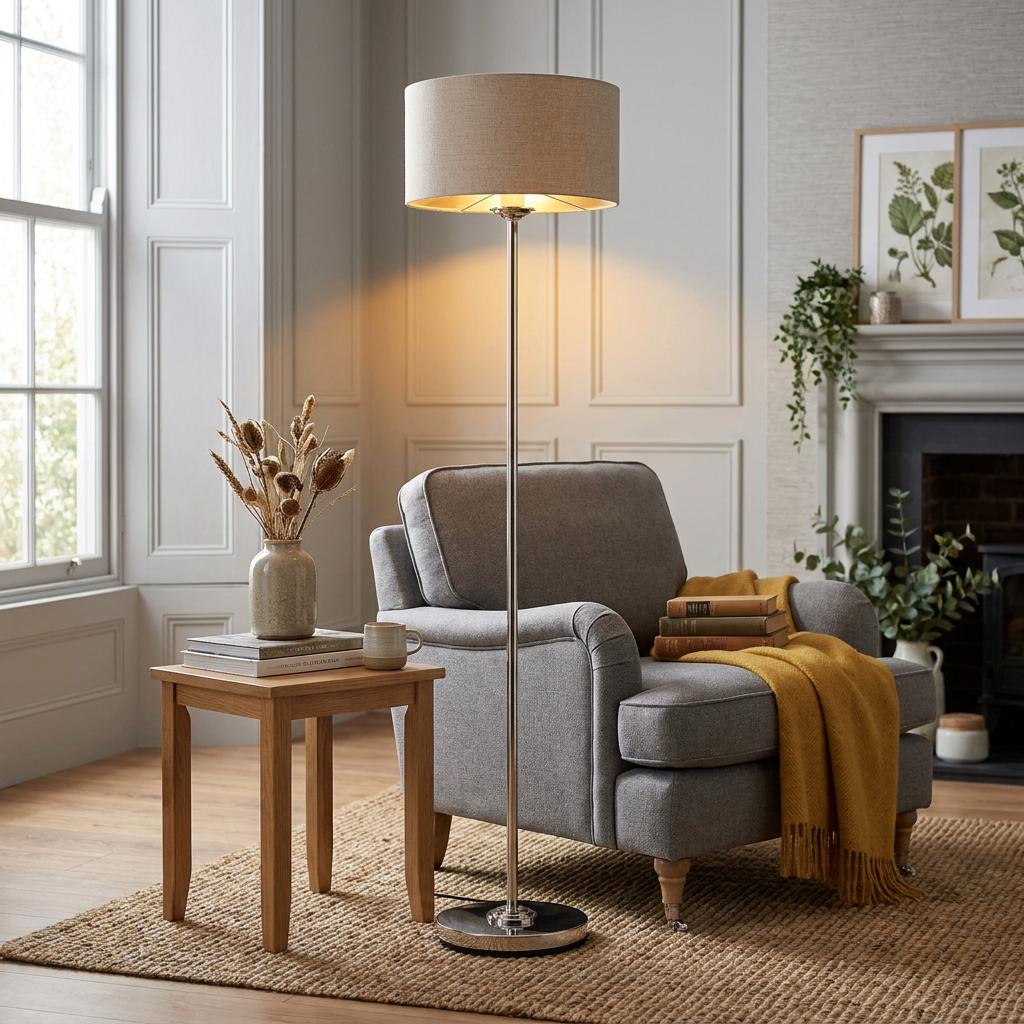 Brushed chrome floor lamp with a linen shade casting warm light over a grey armchair in a cozy living room.