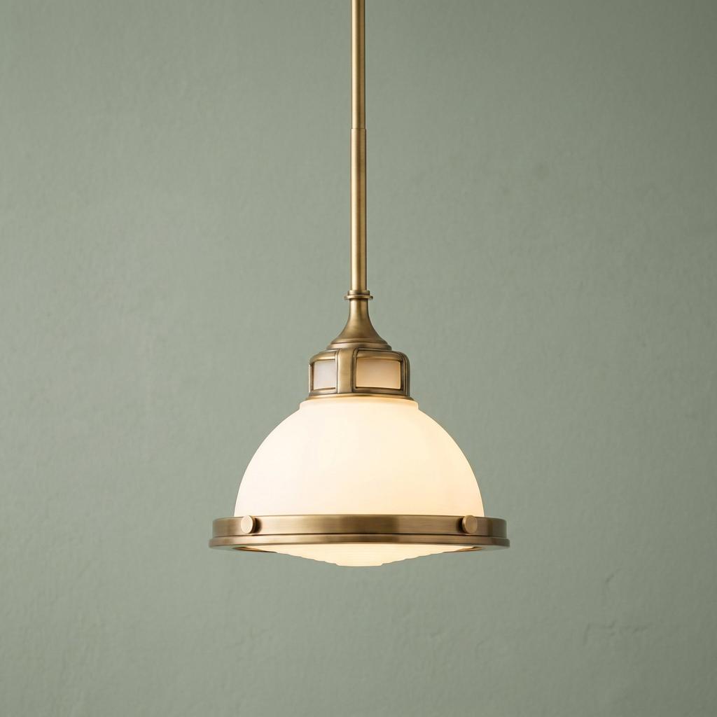 Hinkley Amelia 1 light mini pendant in brass with a dome-shaped white glass shade and industrial hardware accents.