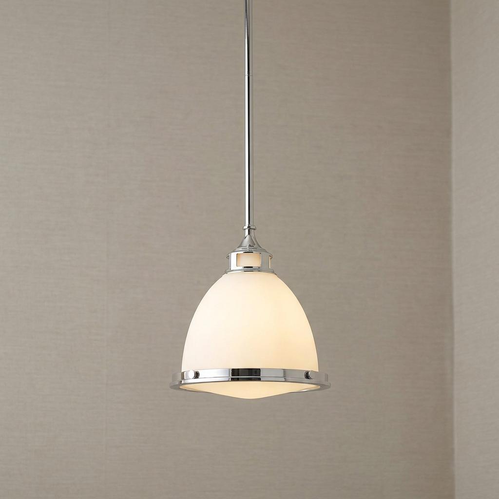 Hinkley Amelia Art Deco pendant light with a chrome finish and frosted glass dome shade against a neutral wall.