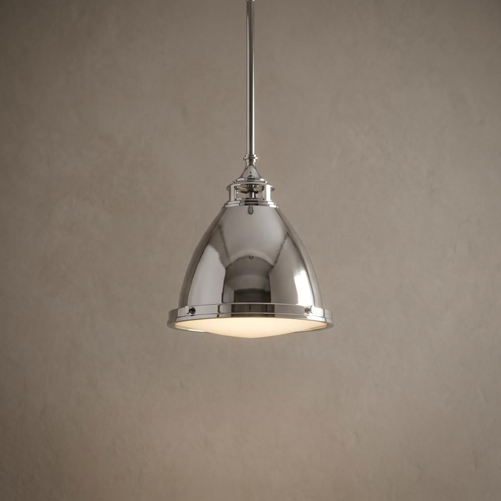 Hinkley Amelia polished nickel pendant light with a bell-shaped metal shade and opal glass diffuser.