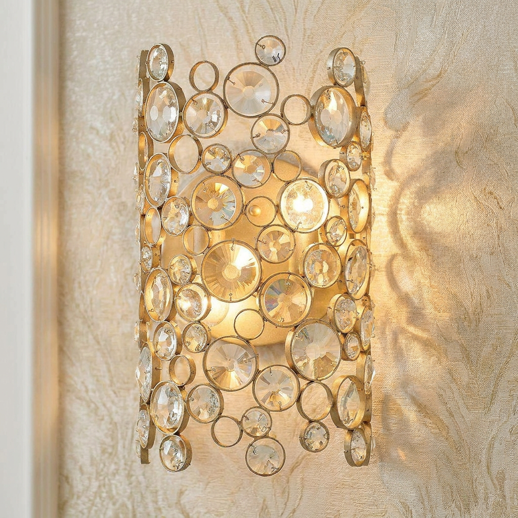 Hinkley Anya silver leaf wall light with multi-sized crystals, glowing on textured wallpaper.