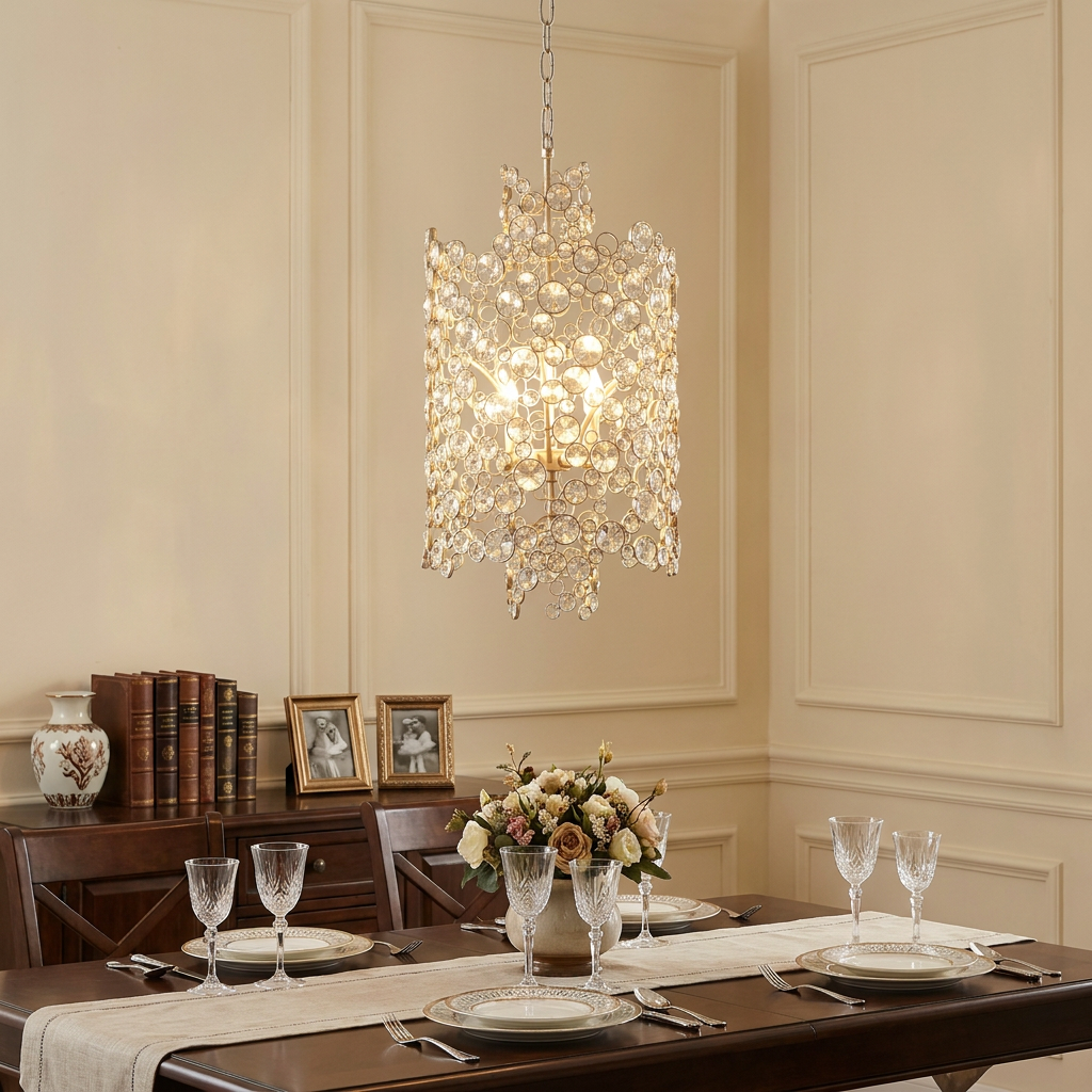 Hinkley Anya silver crystal pendant light hanging in a formal dining room over a set wooden table.