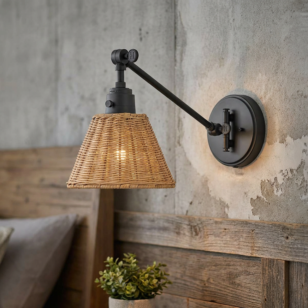 Hinkley Arti wall light with a natural rattan shade and black swing arm mounted on a rustic bedroom wall.