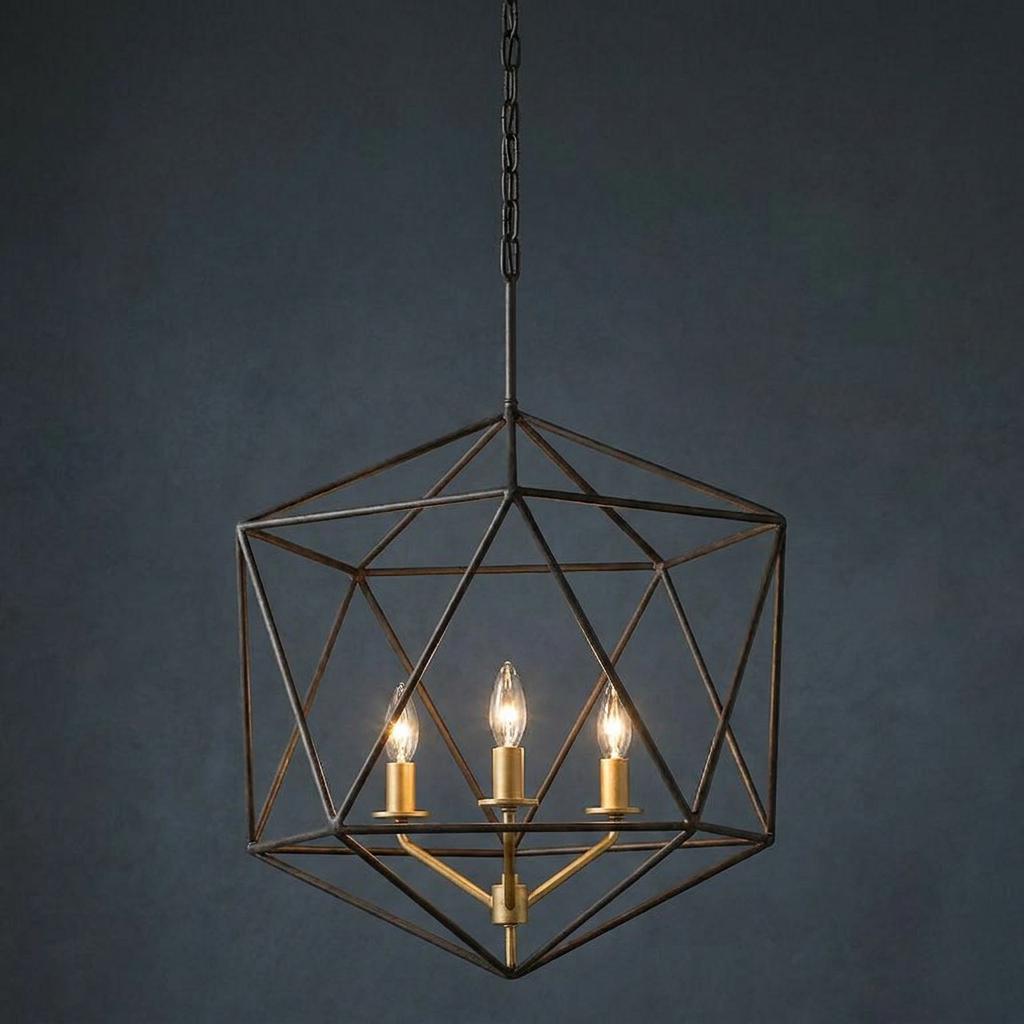 Hinkley Astrid 3-light matte bronze pendant chandelier featuring a geometric cage frame and glowing bulbs.
