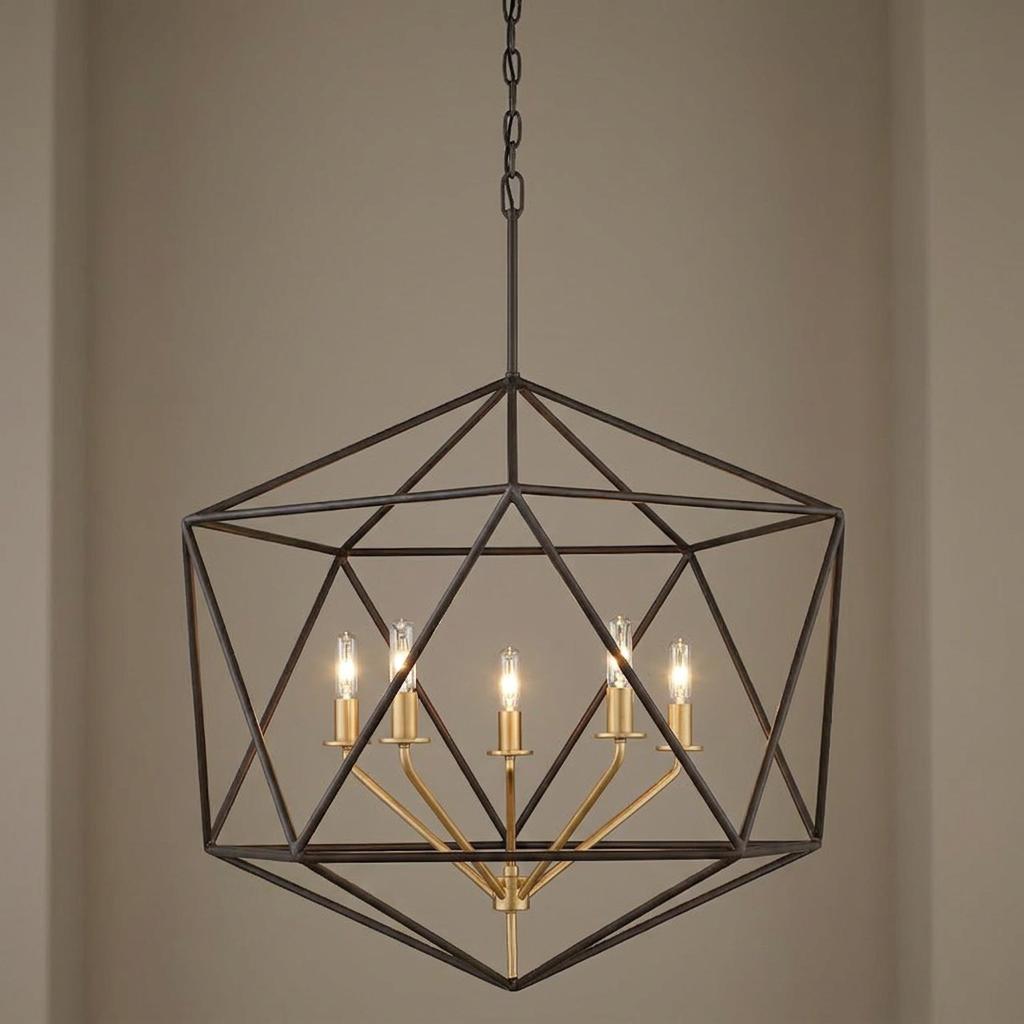 Hinkley Astrid 5-light pendant with a geometric matte bronze cage and warm brass candelabra base.