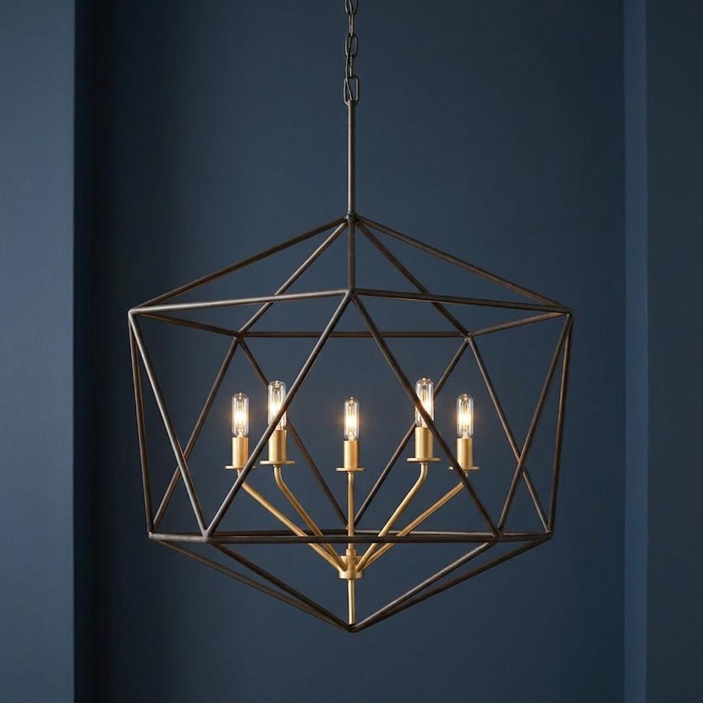 Modern bronze geometric wireframe pendant chandelier with five gold candle lights against a dark blue wall.