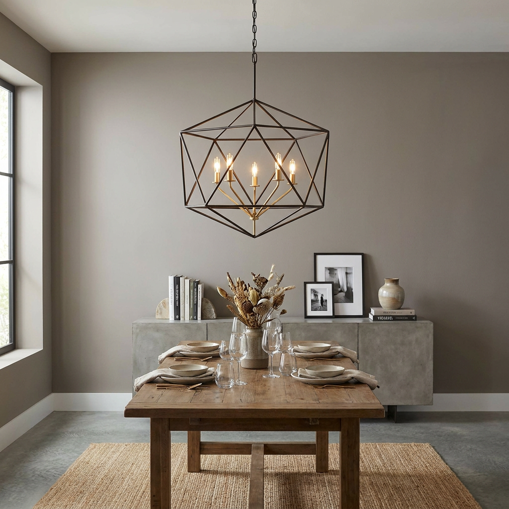 A geometric matte bronze pendant light hangs over a wooden dining table in a modern room.