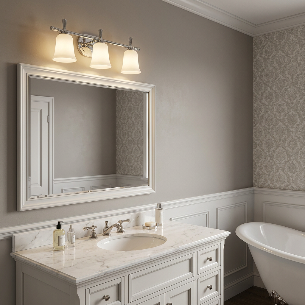 Hinkley Blythe three-light chrome bathroom bar with frosted glass shades installed above a vanity mirror in a grey bathroom.