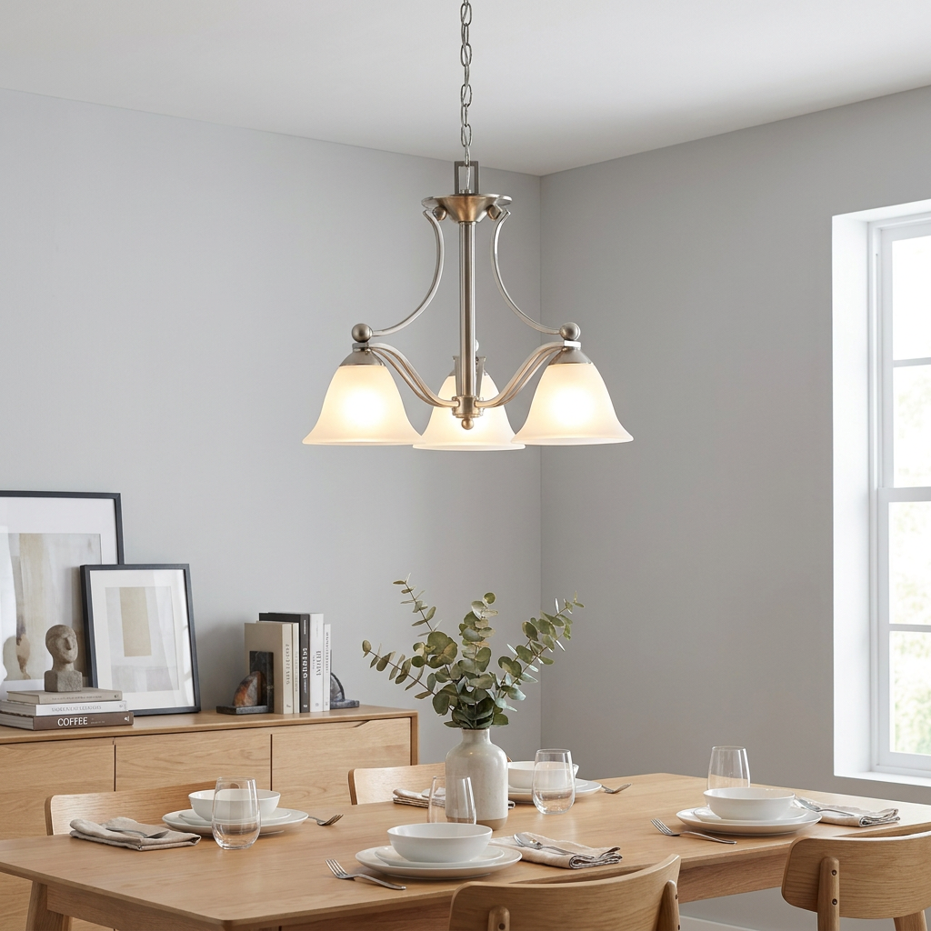 Brushed nickel 3-light chandelier with frosted glass shades hanging above a set wooden dining table in a modern room.