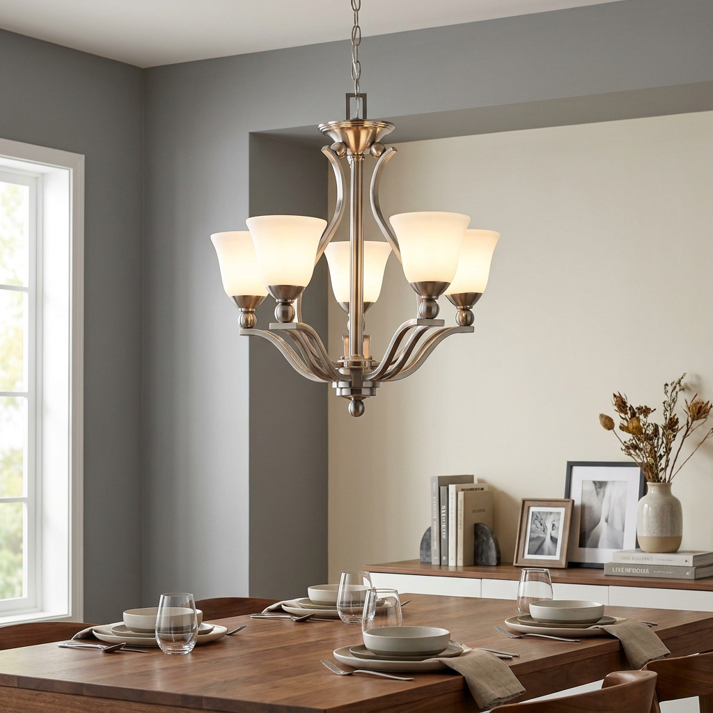 Brushed nickel five-light chandelier with opal glass shades hanging above a set wooden dining table.