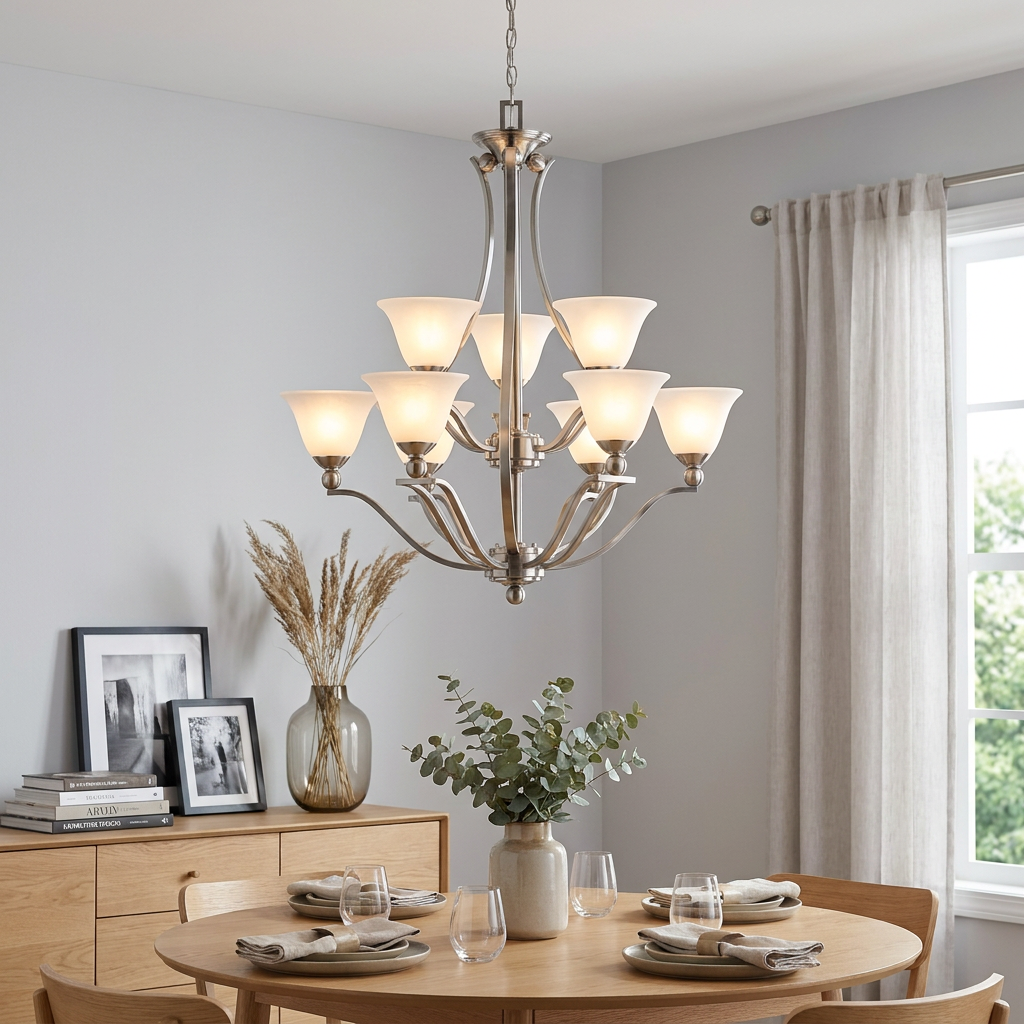 Hinkley Bolla nine-light nickel chandelier with frosted glass shades hanging over a wooden dining room table.