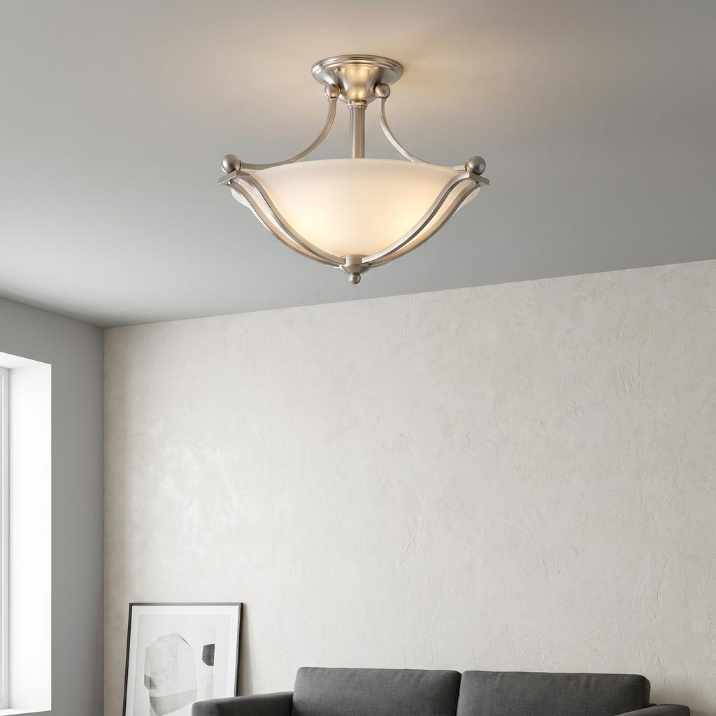 Nickel semi-flush mount light with opal glass bowl and curved arms, illuminates a modern living space.