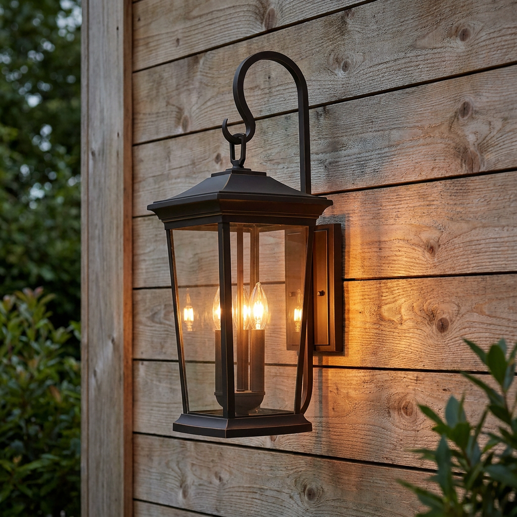 Bronze outdoor wall lantern with three lit candle bulbs mounted on a horizontal wood plank wall.