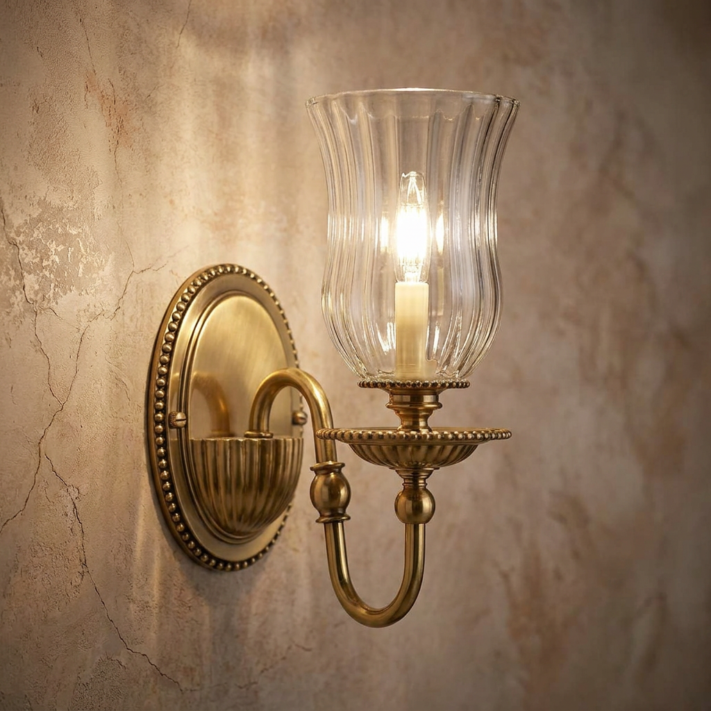 Solid brass wall light with a ribbed glass shade and lit candle bulb mounted on a textured neutral wall.