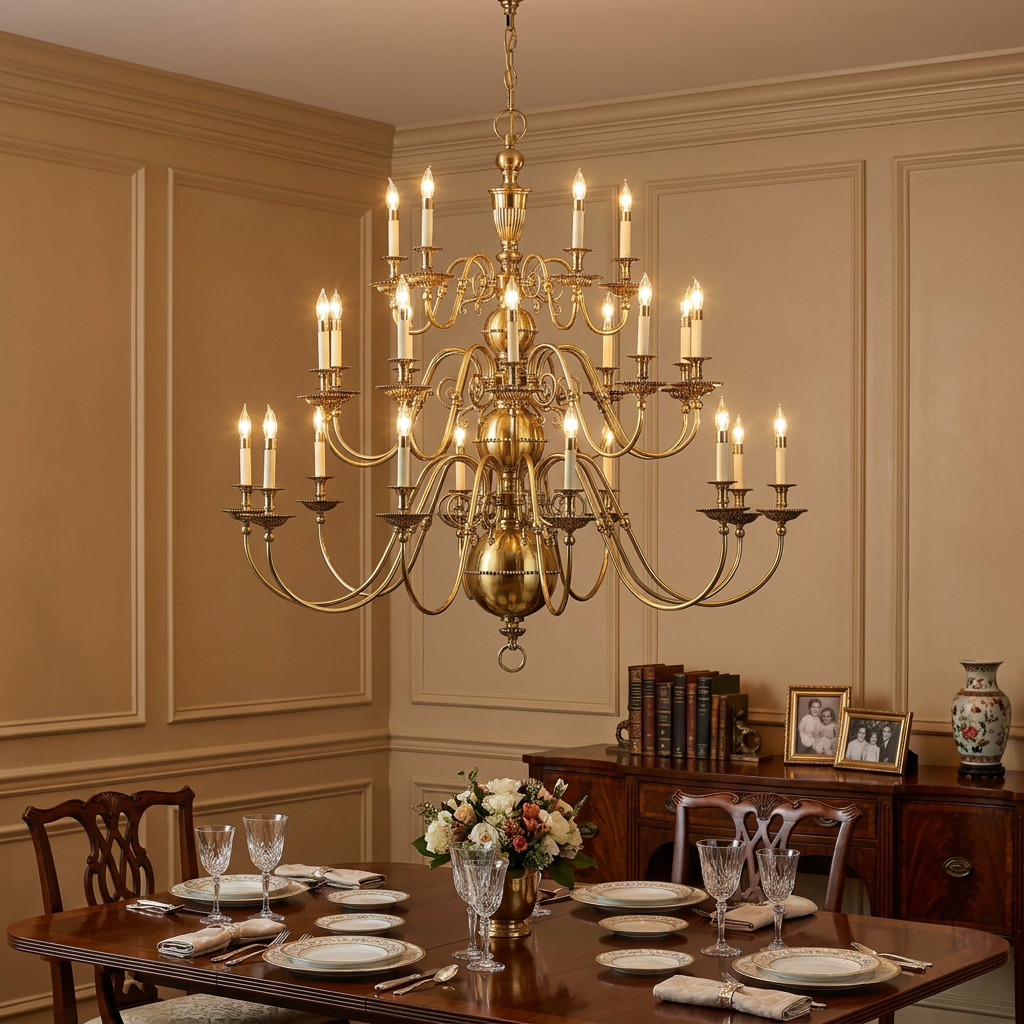 Hinkley Cambridge solid brass 25-light chandelier hangs above an elegantly set wooden dining table.