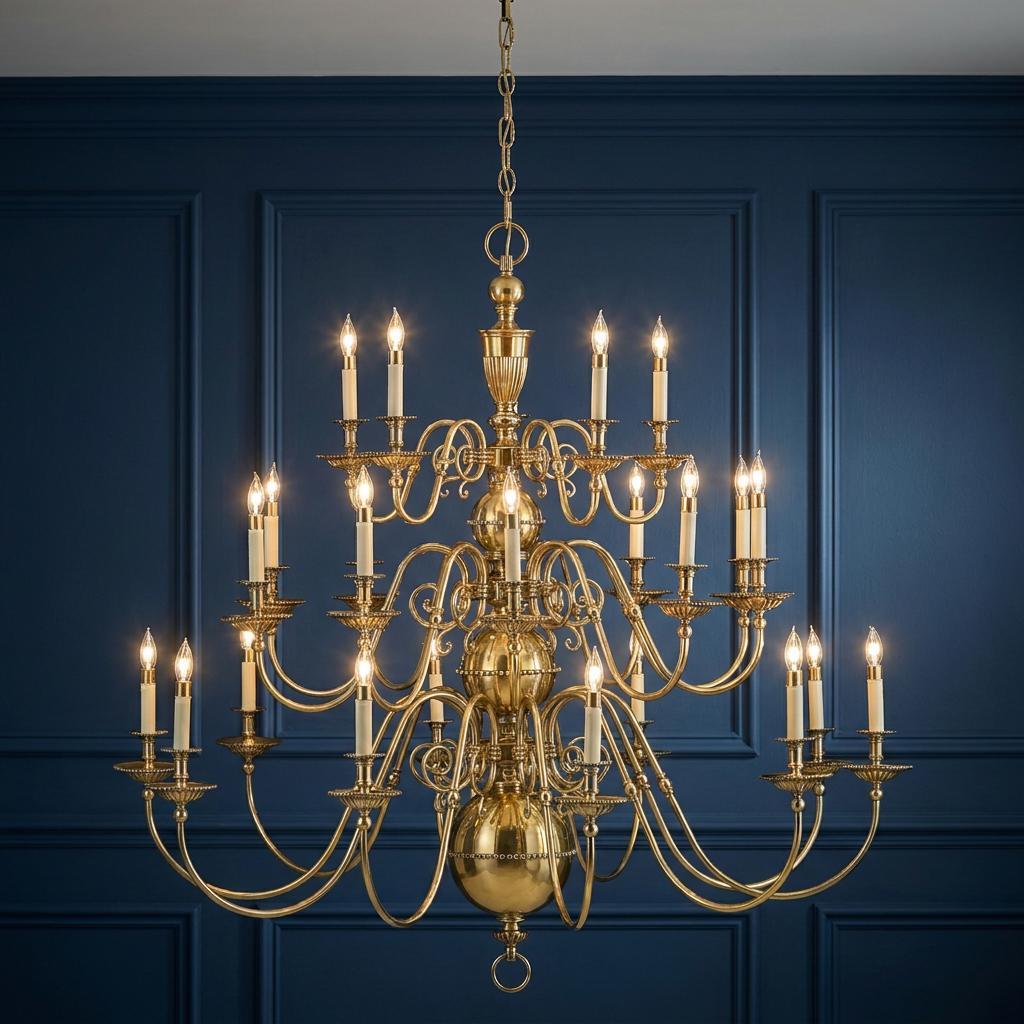 Ornate 25-light solid brass chandelier with candle-style bulbs against a navy blue paneled wall.