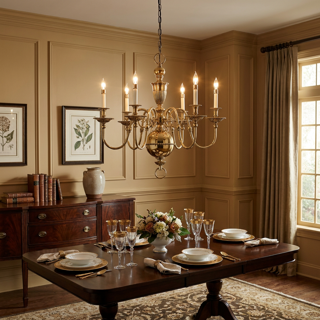Ornate brass chandelier with candle-style lights over a formal dining table set with elegant dishware and flowers.