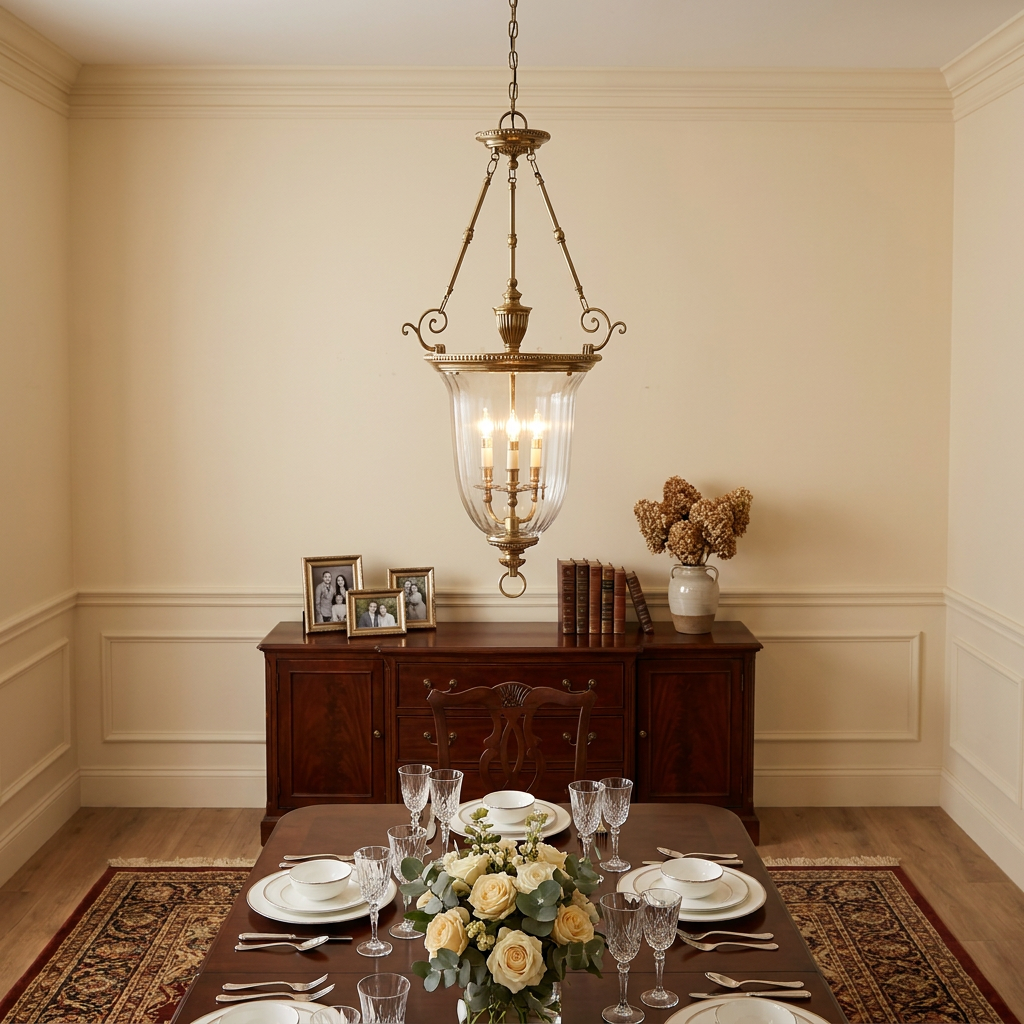 Hinkley Cambridge solid brass 3-light lantern hanging above a set dining table in a traditional room.