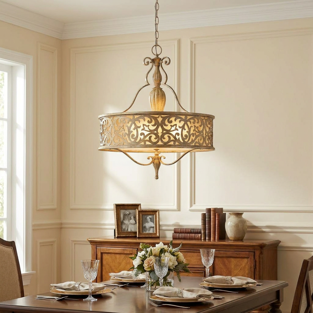 A Hinkley Carabel brushed champagne pendant light hangs over a set dining room table with elegant floral patterns.