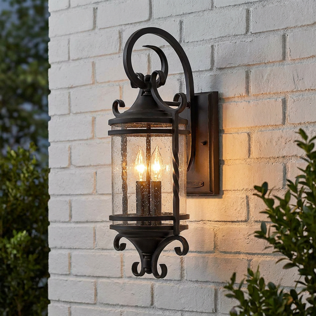 Traditional black outdoor wall lantern with scrolled metalwork and seeded glass mounted on a white brick wall.