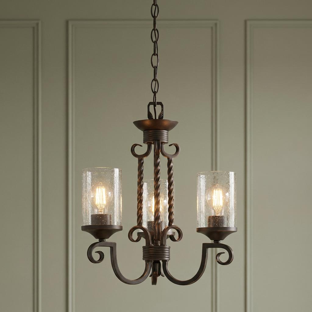 Ornate three-light bronze chandelier with seeded glass cylinder shades hanging against a paneled wall.
