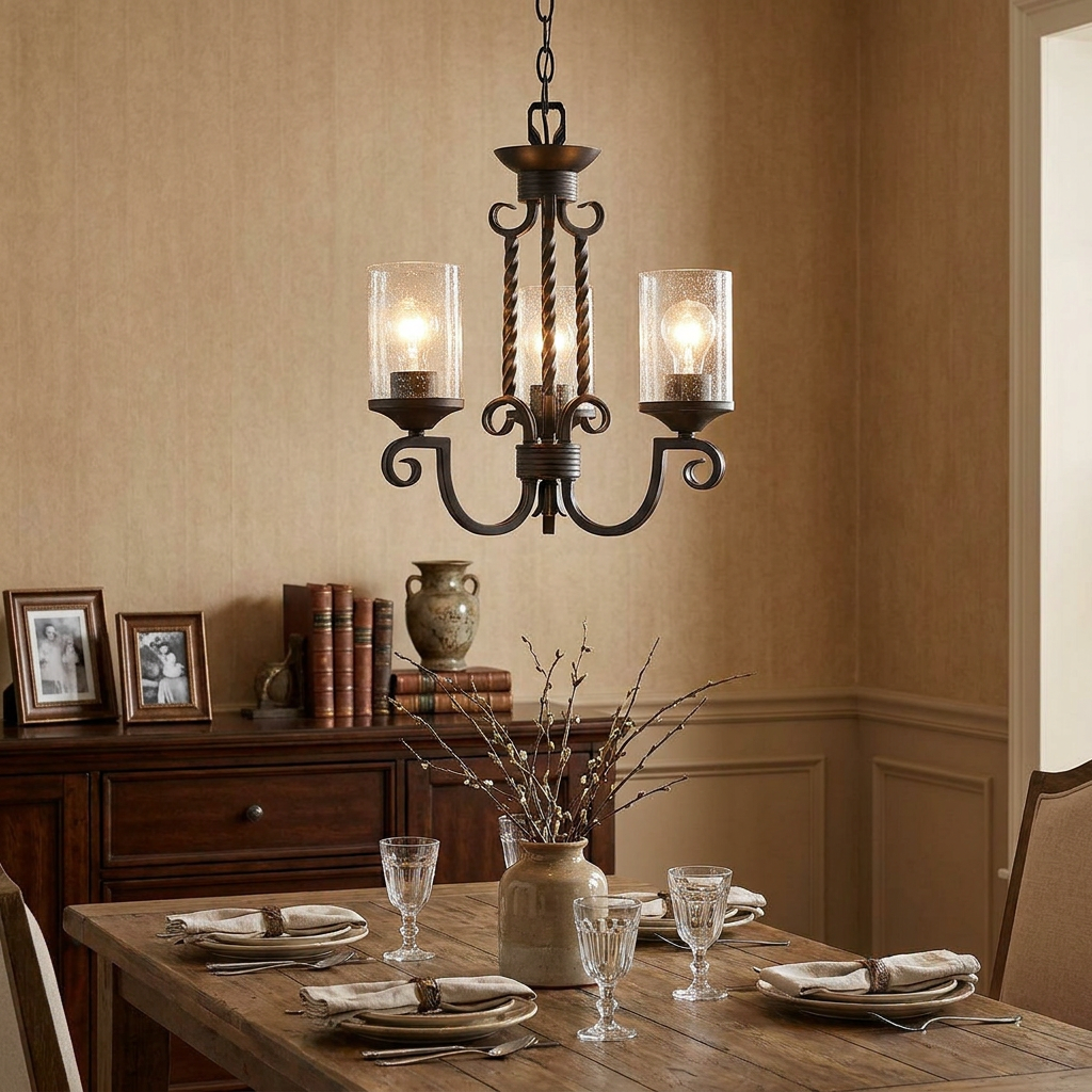 Hinkley Casa 3-light black chandelier with seeded glass shades hanging over a rustic dining room table.
