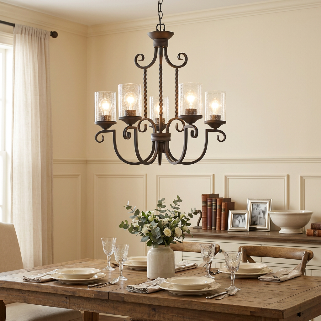 Five-light black chandelier with seeded glass shades hanging over a wooden dining table in a traditional room.