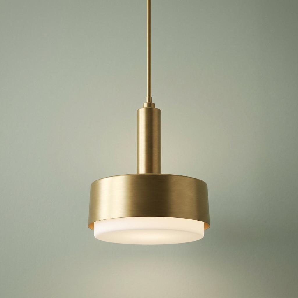 Brushed brass pendant light with a white frosted diffuser hanging against a pale green wall.