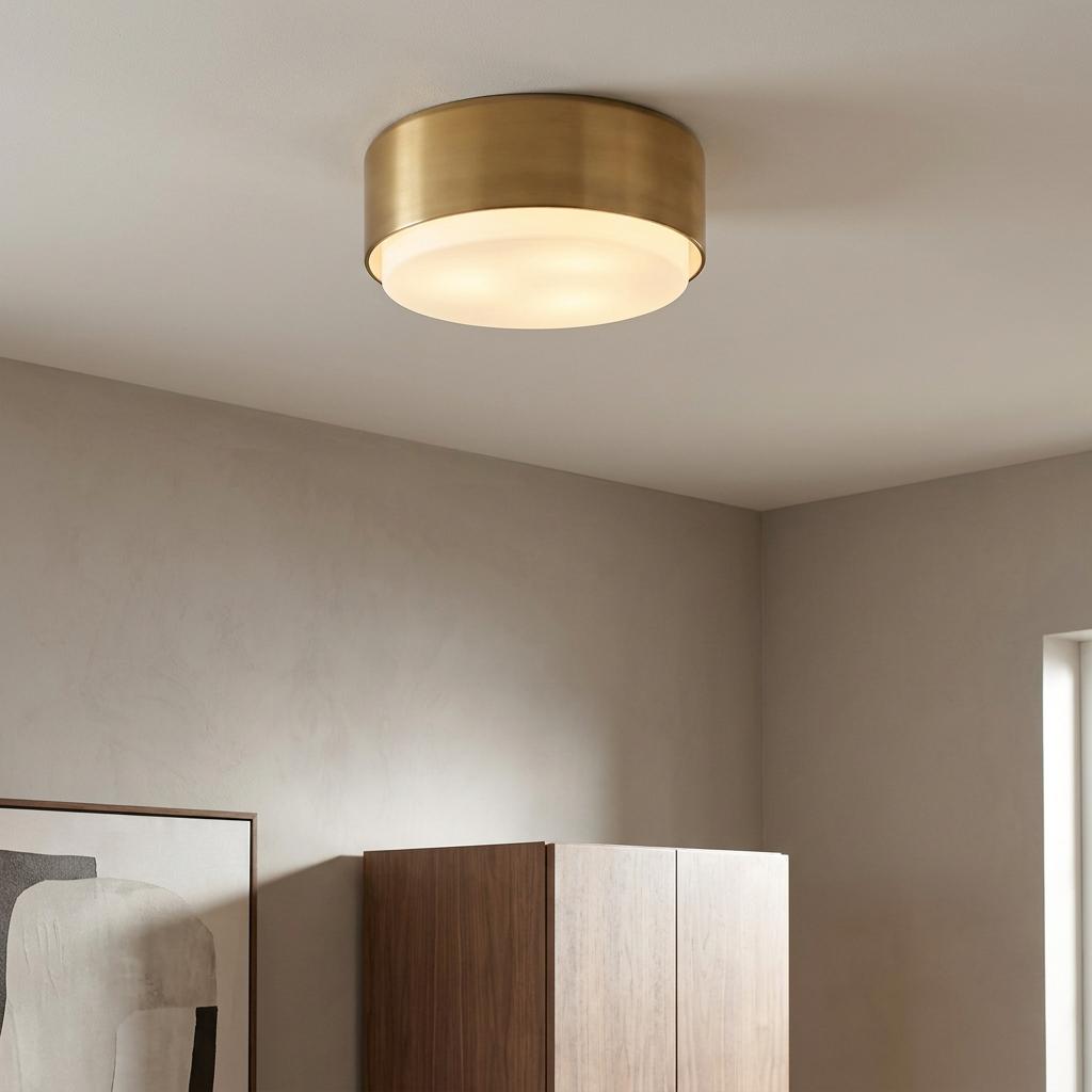 Hinkley Cedric small brass flush ceiling light with a frosted glass dome glowing in a modern room.