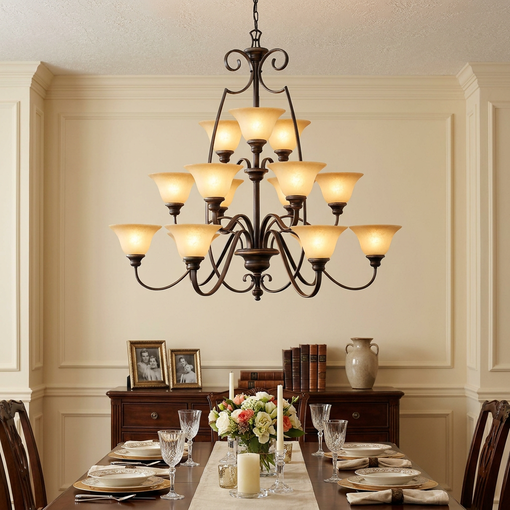 Hinkley Cello 15-light antique bronze chandelier with frosted glass shades over a set dining table.