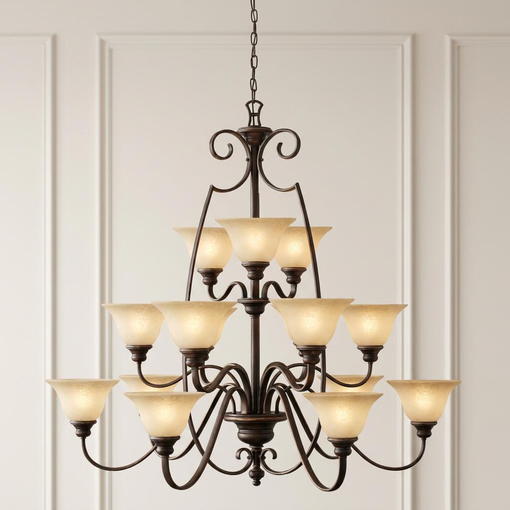 Hinkley Cello 15-light chandelier in antique bronze with cream art glass shades against a white paneled wall.