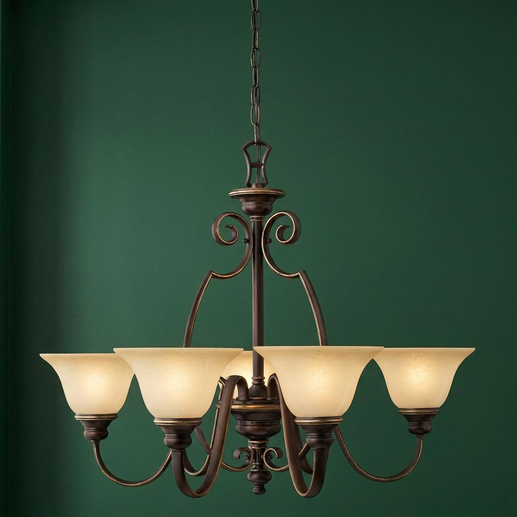 Hinkley Cello 6-light chandelier with antique bronze scrolling metalwork and cream shades against a green wall.