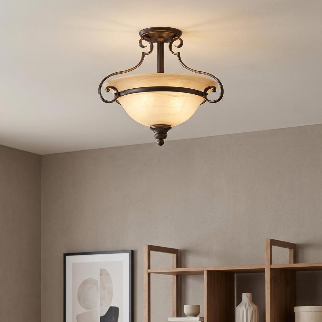 Hinkley Cello Bronze Semi Flush Ceiling Light with a faux alabaster glass shade and scrollwork arms.